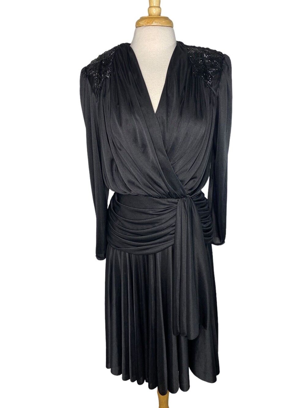 ABBY KENT Vintage 1980s Black Satin Formal Beaded Gown Size 12 Made in USA